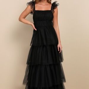 Lulus Tulle For Love Black Mesh Tulle Tiered Ruffled Maxi Dress - Size S